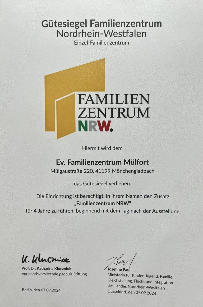 Ev. Familienzentrum Mülfort mit Gütesiegel